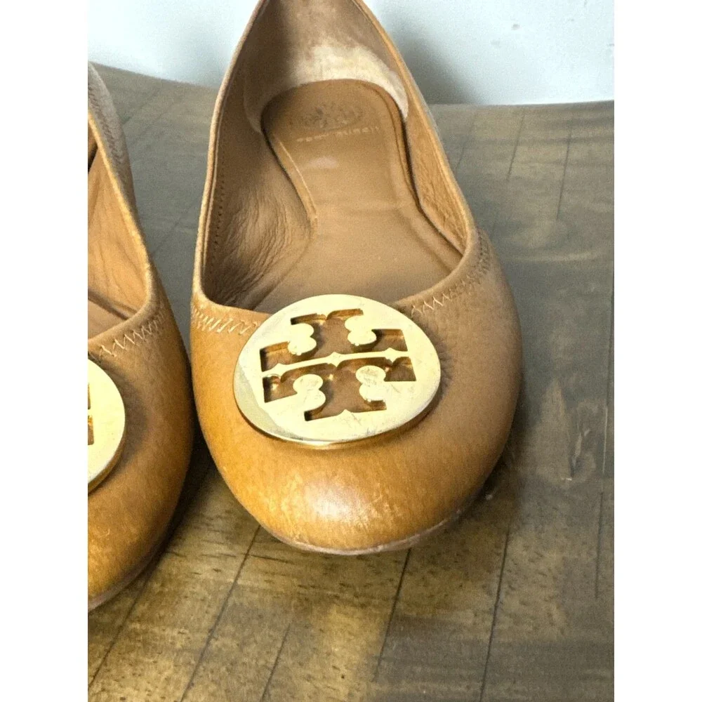 Tory Burch Reva Ballet Flats Women’s 7.5 Brown Tan Leather Gold Logo